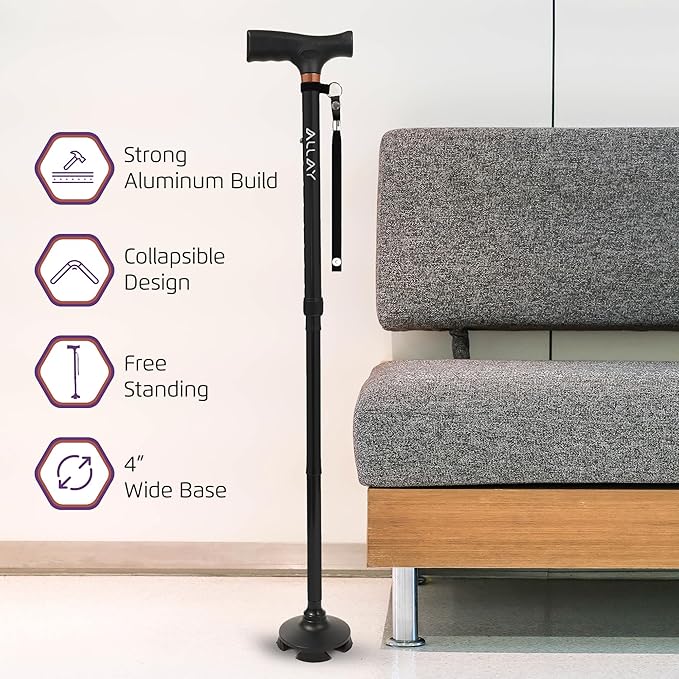 Allay Walking Cane for Men & Women - Foldable, Adjustable, Collapsible Walking Canes for Seniors Balance, Free Standing, Pivot Tip, Heavy Duty, with Travel Bag | Walking Sticks for Seniors & Adults