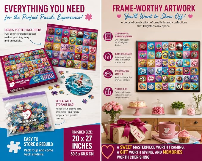 Adult Jigsaw Puzzle 1000 Piece Colorful Cakes | Features a vibrant gallery of unique cakes. 20x27 inches — Great for game nights on a table, puzzleboard, or floor.