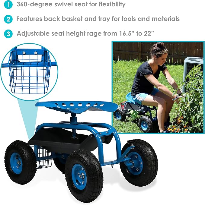 Sunnydaze Rolling Garden Cart with Seat, Blue | Garden Stool with Wheels, Adjustable 360-Degree Swivel Seat, Utility Tool Tray and Storage Basket