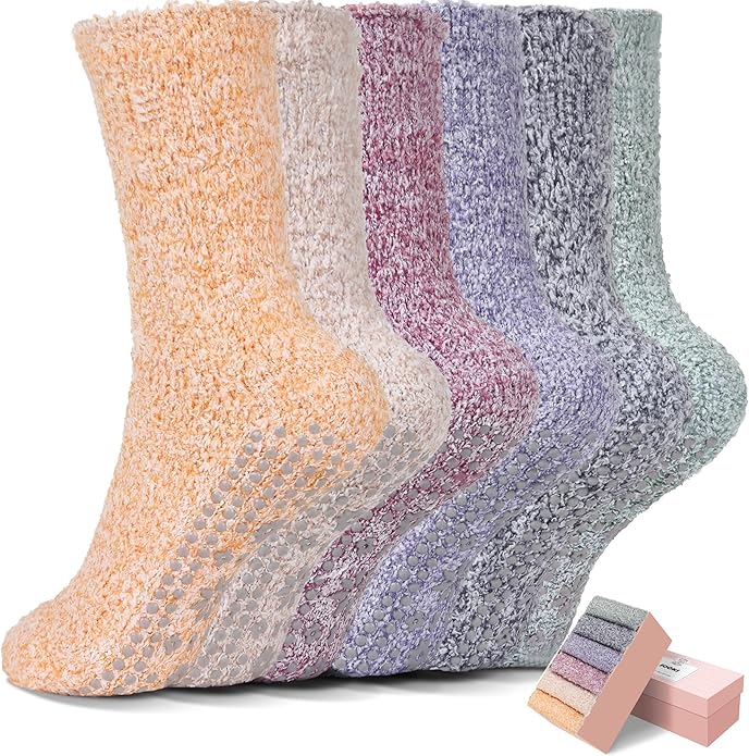 HUGSWEET 6 Pairs Thick Fuzzy Socks with Grip Cozy Non Slip Hospital Socks Home Fluffy Warm Slipper Socks Gifts for Women