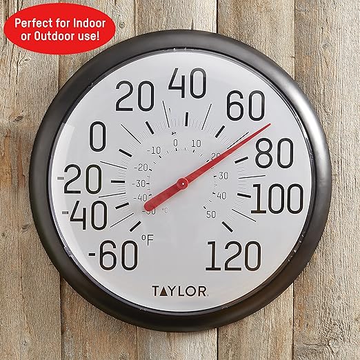Taylor Big and Bold Wall Thermometer, Indoor Outdoor Thermometer, Wireless Thermometer with Easy to Read Numbers for Patio, Pool, and Indoor Areas, 13.25-inch, Black