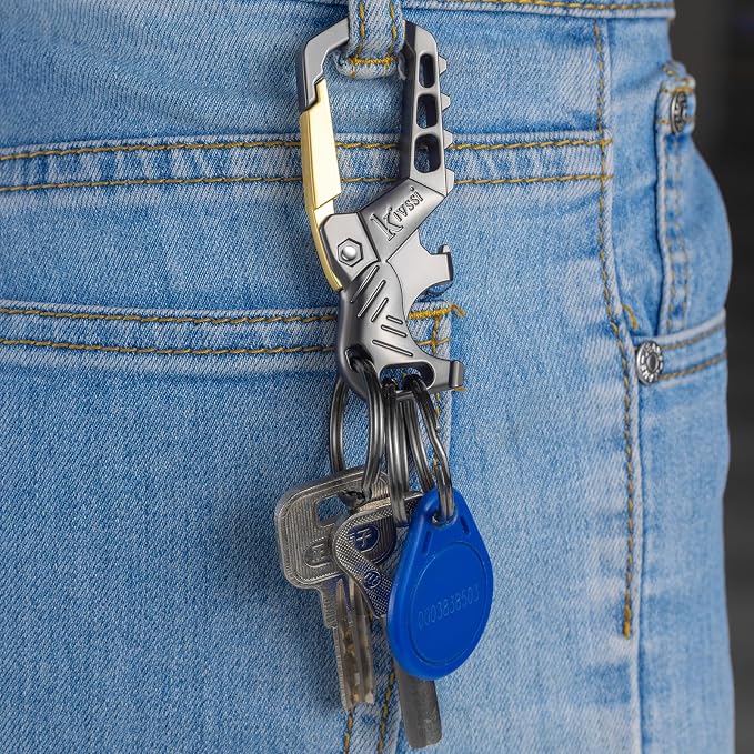 Kivssi Heavy duty metal keychains, Carabiner clip Car key chains,Fashion family keychain bottle opener and 3 Key Rings suitable for men and women.（Gold-1pcs）
