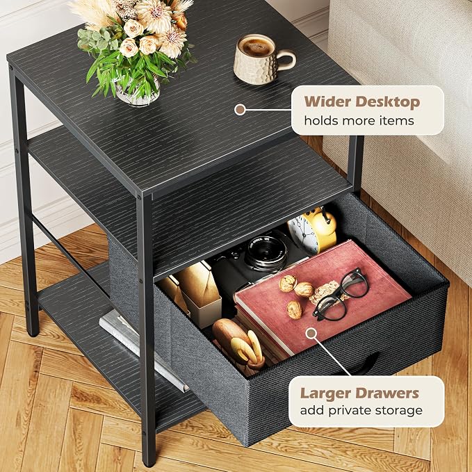 SUPERJARE Nightstand with Charging Station, USB-C Port, Bedside Table | 27.7 Inch Tall Nightstand with Adjustable Fabric Drawer, Large Dresser for Bedroom, Living Room, Black
