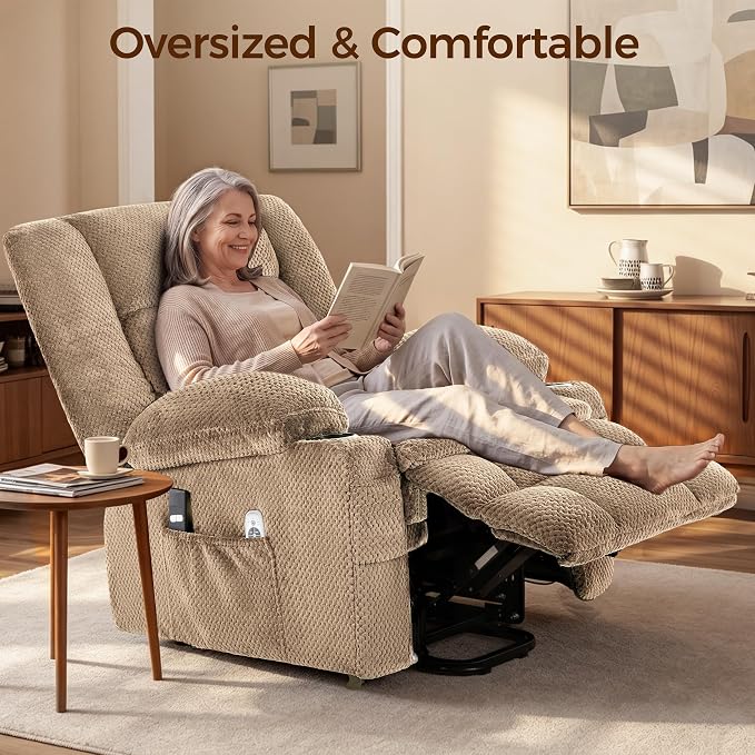 Power Lift Recliner Chair for Elderly, Electric Reclining Lift Chair with Massage and Heating, Comfy Overstuffed Recliner Single Sofa with Cup Holders, Pockets, USB Charge Port for Living Room, Camel