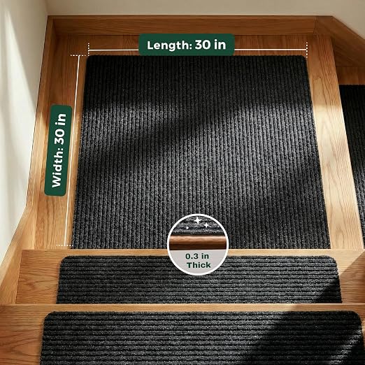 MBIGM Carpet Stair Landing Mat, 1 Pack, 2'6" x 2'6", Black | Polyester carpet surface with PP mesh, nonwoven cushioning, and TPR adhesive backing for indoor stair coverage.