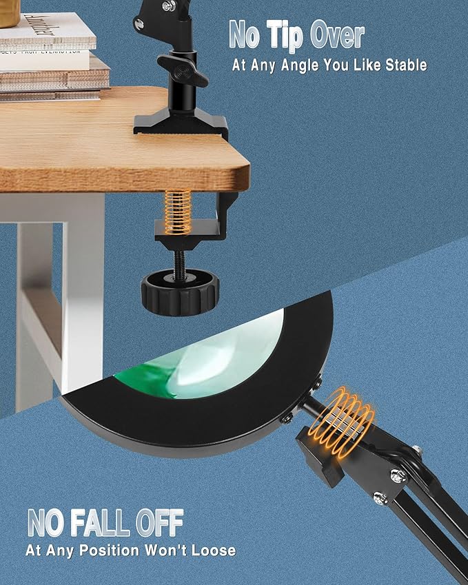 NOEVSBIG Magnifying Glass Desk Lamp with 3-Section Swing Arm and Big Clamp, Magnifying Glass with Light and Stand, 10X Wide Desk Magnifier Light for Reading/Office/Crafting/Close Work