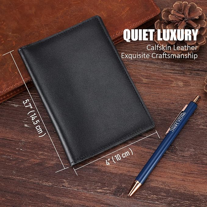 STAR VISTA Albatross Leather Travel Passport Holder, Minimalist Design, Calfskin Leather Case for Women and Men - Slim Passport Wallet, Bifold, RFID Blocking, with AirTag Holder, Black
