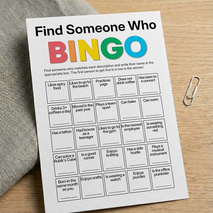 Find Someone Who Bingo Cards, 25 Unique Randomized 5x7 Sheets, Get to Know You Bingo Game for Adults, Ice Breaker Office Party Games, Team Building Games for Work, High Replay Value - A03