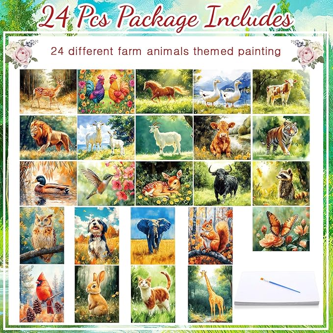 24 Pcs Dementia Products for Elderly Alzheimers Activities for Adults Seniors Reusable Water Painting Supplies with 1 Painting Brush Water Doodle Coloring Drawing Gifts Set(Farm Animals)