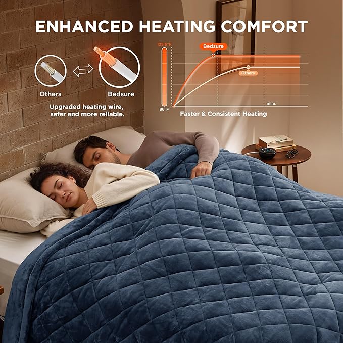 Bedsure Electric Blanket Queen Size - Dual Control Heated Blanket Queen with 10 Heat Settings, Thick Heating Blanket with 10 Time Settings, Fast Heating Quilted Blanket (84x90 inches, Bering Sea)