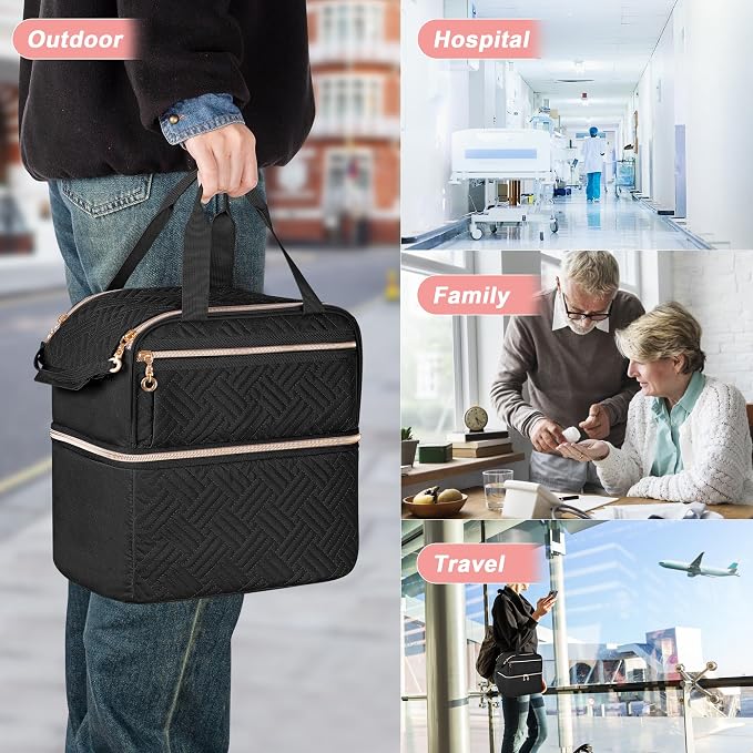 Damero Double Layers Pill Bottle Organizer Empty with 4 Customized Dividers | Lockable Medicine Storage Bag Medication Travel Bag for Prescription Bottles, Medical Supplements, Black