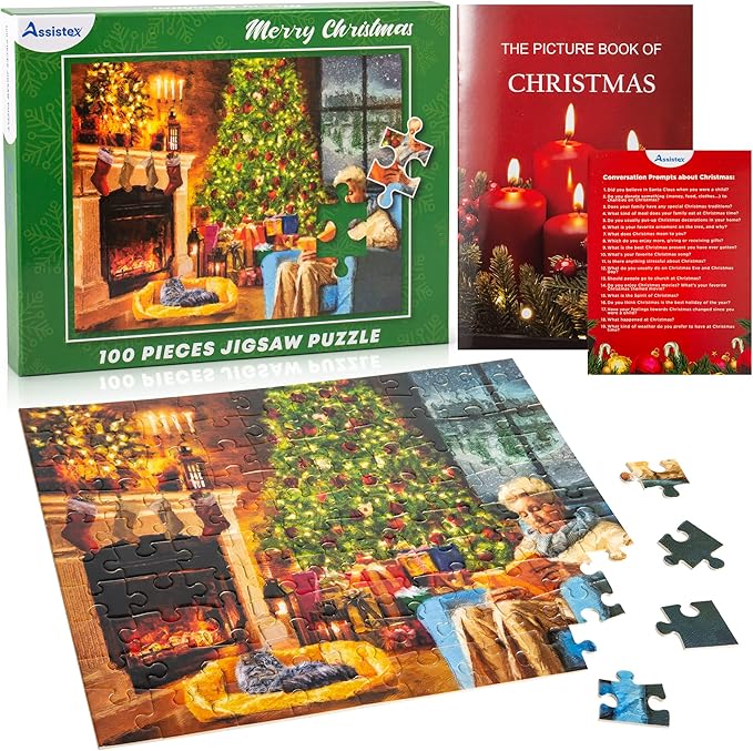 Assistex Large Piece Jigsaw Puzzle for Seniors with Dementia with Conversation Prompts, Large Piece Memory Game for Adults, Elderly, and Dementia Patients – Christmas Puzzle, 100 pcs