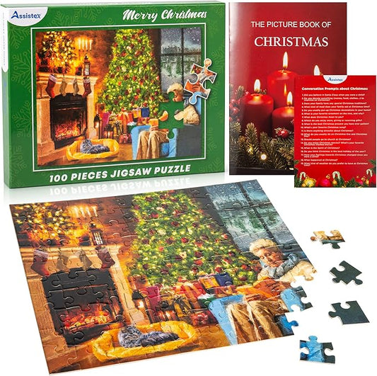 Assistex Large Piece Jigsaw Puzzle for Seniors with Dementia with Conversation Prompts, Large Piece Memory Game for Adults, Elderly, and Dementia Patients – Christmas Puzzle, 100 pcs