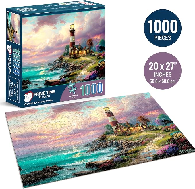 Adult Jigsaw Puzzle – Ocean Lighthouse 1000 Piece | Features a colorful beach sunset lighthouse scene. 20x27 inches — Great for game nights on a table, puzzleboard, or floor.