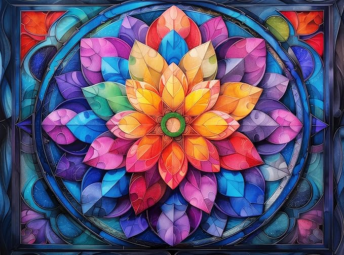 Adult Jigsaw Puzzle 1000 Piece Stained Glass | Colorful mandala flower geometric design. Great for game nights on a table, puzzleboard, or floor.