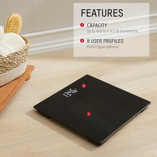 Taylor Digital Bathroom Scale for Body Weight, Smart Scale with Precision Hub App, 400 lb Capacity, 11 x 11 in Glass Platform, Tone on Tone Black