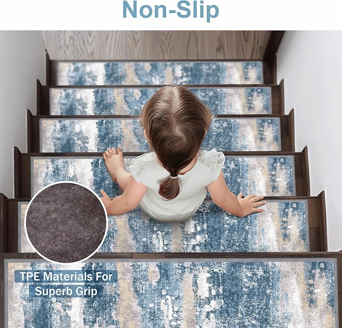 sarben 8"x30" Non Slip Stair Treads for Wooden Steps 15 Pack, Sapphire Sand | Peel and Stick Carpet Stair Runner with TPE Adhesive Backing, Carpet for Added Safety, Pet and Senior Friendly