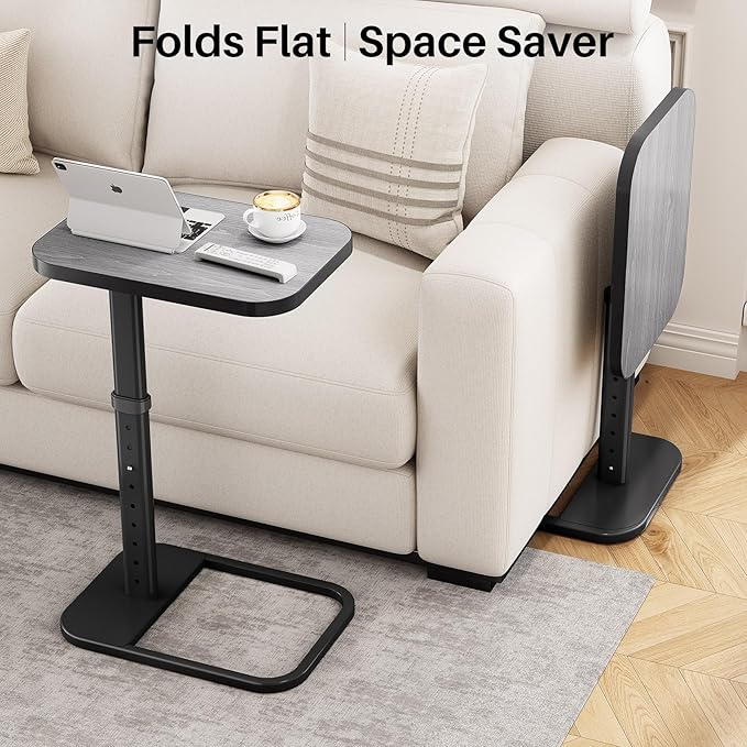 Kitstorack TV Tray Table, Adjustable Height & Rounded Metal Corners, Snack Table for Couch, Sofa, Bed, Chair, Living Room, C Shaped End Side Table for Eating, Dinner or Laptop, Small Spaces, Dark Gray