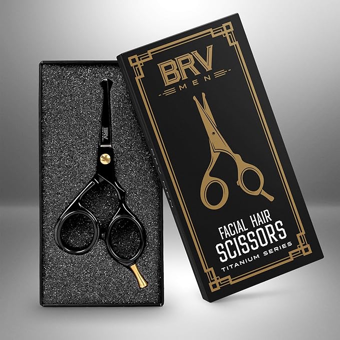 BRV MEN Rounded-Tip Small Trim Scissors for Men 4.2" | High Carbon Stainless Steel | Nose Hair for Men | Professional Grooming Scissors for Beard, Mustache & Ear Hair - RIGHT HANDED (Black)
