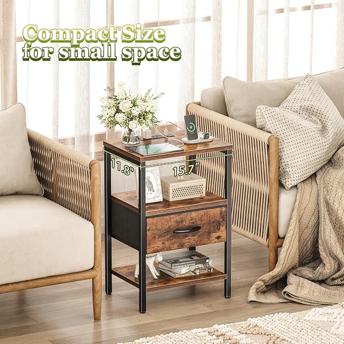 SUPERJARE Nightstand Set of 2 with Charging Station, USB-C Port, End Tables | Night Stand for Bedroom, with Adjustable Fabric Drawer, 3-Tier Storage Bedside Tables for Living Room, Rustic Brown