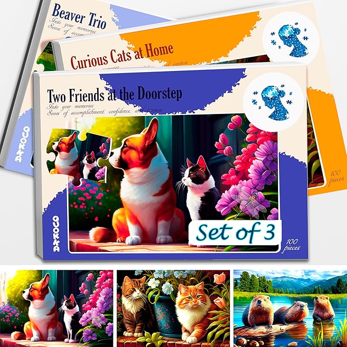 QUOKKA 100 Piece Dementia Activities for Adults - 3 Set Dementia Puzzles for Elderly - Large Piece Gifts Products for Seniors - Alzheimers Jigsaw Puzzle Games for Adults with Beavers, Cats and Dog