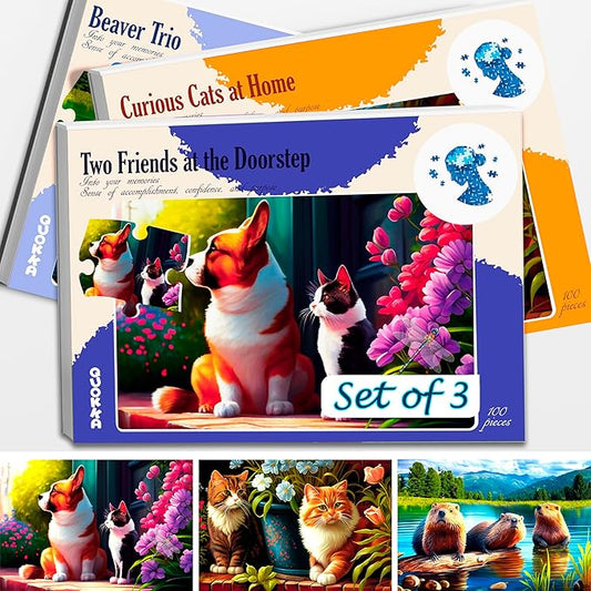 QUOKKA 100 Piece Dementia Activities for Adults - 3 Set Dementia Puzzles for Elderly - Large Piece Gifts Products for Seniors - Alzheimers Jigsaw Puzzle Games for Adults with Beavers, Cats and Dog