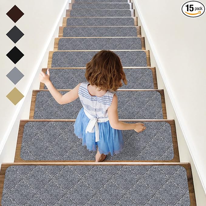 RIOLAND Stair Treads Carpet Non-Slip Indoor 15 PCS Wood Stair Treads Rugs Anti Moving Modern Stair Runners Safety for Kids Dogs, 8" X 30", Diamond Light Gray