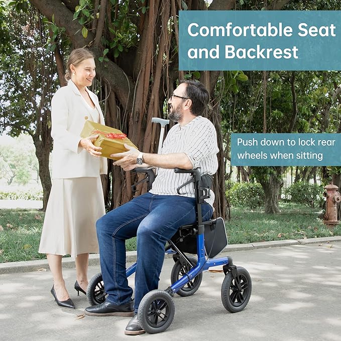 ELENKER All-Terrain Rollator Walker with Non-Pneumatic Tire 12” Front Wheels, Compact Folding Design for Seniors, Blue