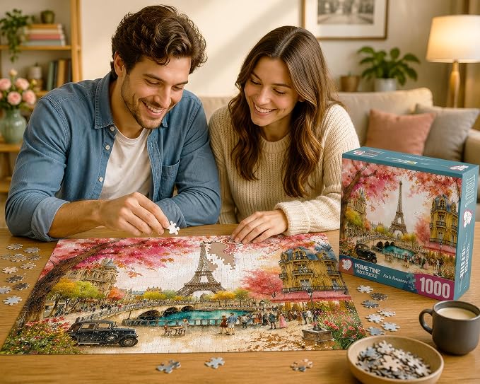 Adult Jigsaw Puzzle 1000 Piece Paris Romance | Features a whimsical Eiffel Tower spring scene. 20x27 inches. Great for game nights on a table, puzzleboard, or floor.