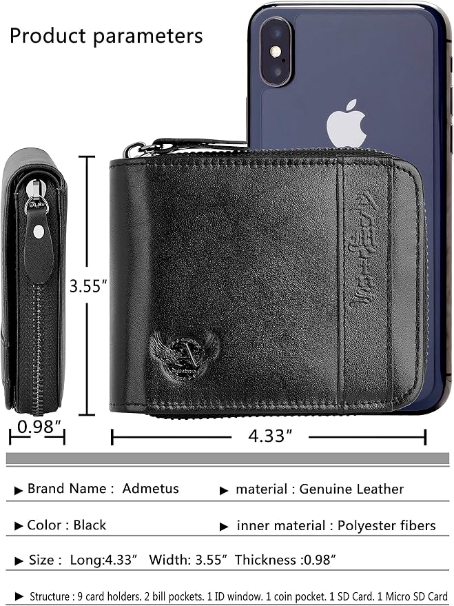 Admetus Mens Zipper Wallet Leather RFID Blocking Card Holder Zip Bifold | genuine leather,gift box packaging, ID window, 12 card slots,zip around