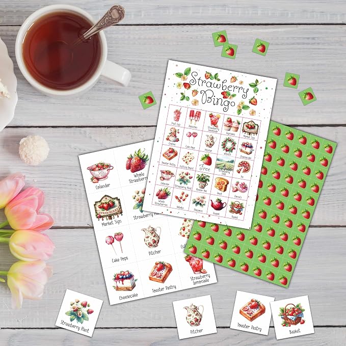 Strawberry Bingo Games - Summer Berry Bingo Card - 24 Players Bingo Game Set for Adult Family Friends - Indoor Outdoor Activities - Fruit Themed Birthday Party Favors Supplies -C07