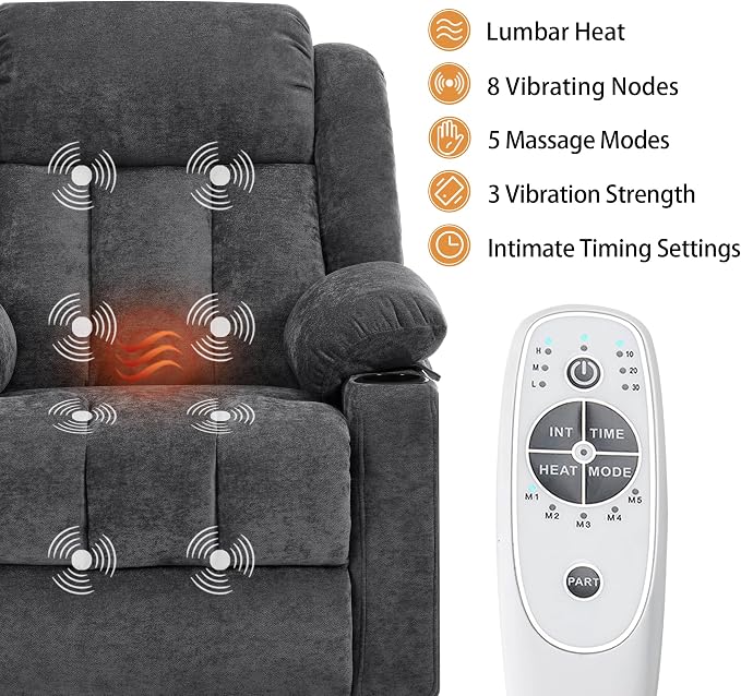Power Lift Recliner Chair for Elderly with Massage and Heat, Recliner Chairs for Adults, Upgraded Fabric Reclining Sofa Chair with USB & Type-C Ports, L1288 (Dark Grey)