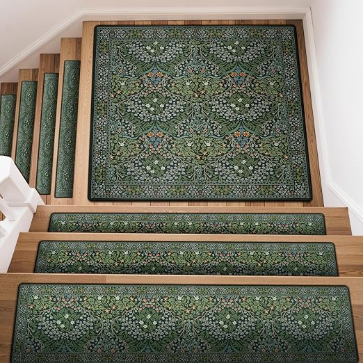 Stair Treads Landing Mat Non-Slip Stair Runner for Wooden Steps 31"x31" | Green Stair Rug Matching Mat Carpet Stair Treads Stair Mats Staircase Step Treads for Kids, Elders and Dogs Stair Covers