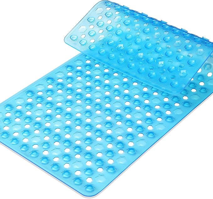 Yimobra Bathtub Mat Non Slip, 27.5"X15.5" Machine Washable Shower Floor Mat, Soft on Feet, Bathmat with Drain Holes and Suction Cups, Bathroom Essentials, Clear Blue