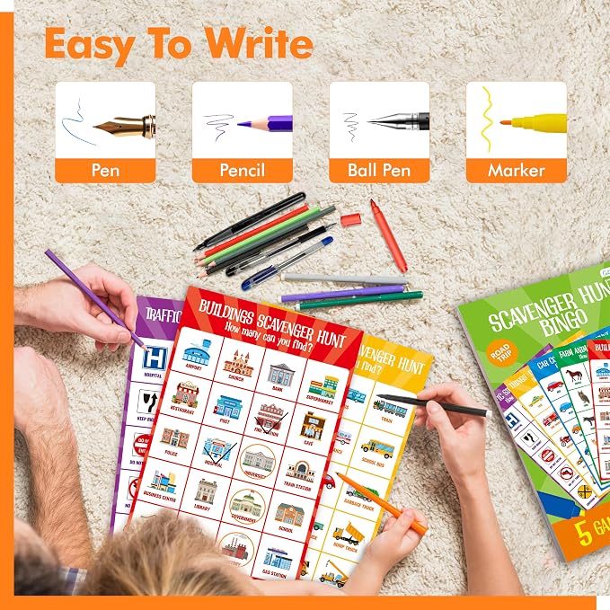 Road Trip Game Pad, 5 Games in 1 (Farm Animals, Car Colors, Buildings, Traffic Signs, Vehicles Scavenger Hunt Bingo), Pen Pencil Paper Game, Plane Trip/ Car Travel/Getaway Activity Pad for Kid, Adult