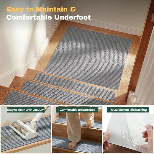 MBIGM Carpet Stair Landing Mat, 1 Pack, 2'6" x 2'6", Light Gray | Polyester carpet surface with PP mesh, nonwoven cushioning, and TPR adhesive backing for indoor stair coverage.
