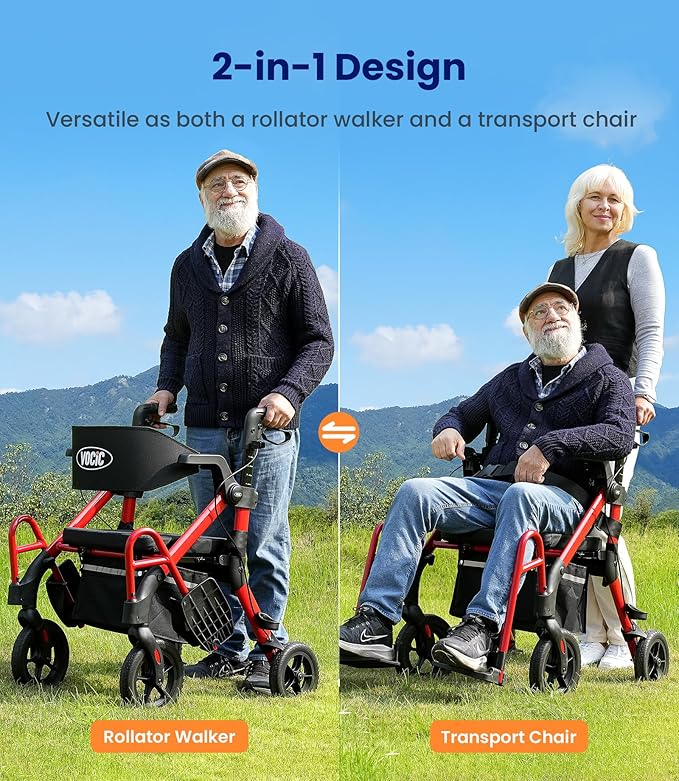 VOCIC Walkers for Seniors, Z55 2 in 1 Walker Wheelchair Combo, No-Bend Footrest, Rollator with 10" All Terrain Big Wheels, Transport Wheelchair Foldable, Rollator with Seat & Brakes, Storage Bag