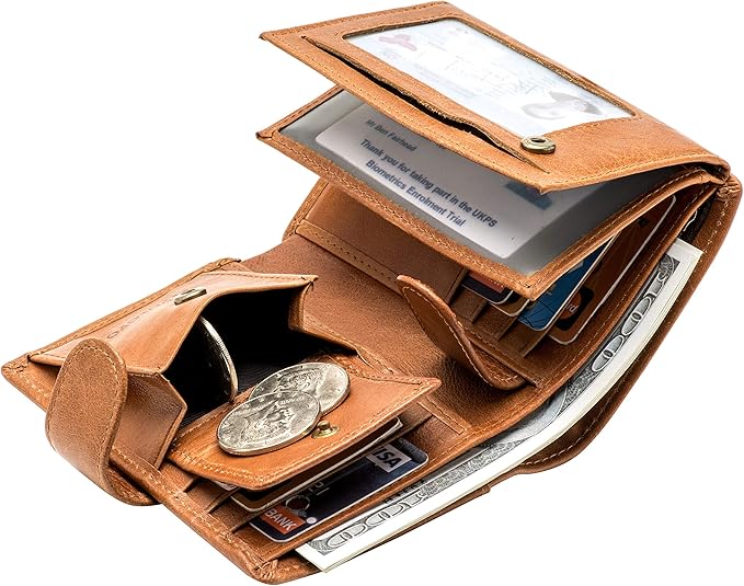 POKOFO Large RFID Genuine Leather Card Holder Trifold Wallet Snap Closure 3 ID Windows for men