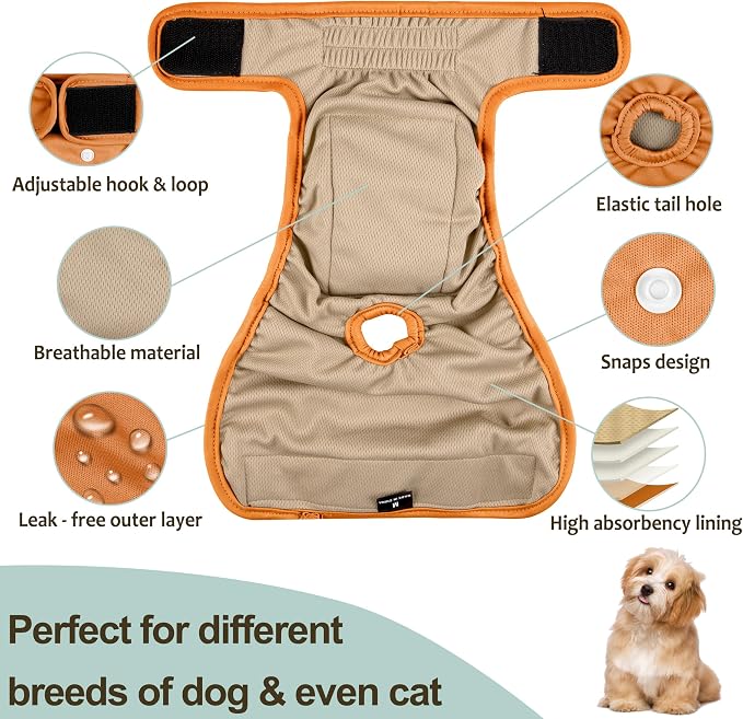 Female Dog Diapers - Premium Reusable Diapers for Dogs in Heat - Highly Absorbent, Leak-Free with Adjustable Snaps, Brown Black, M, 1 Pack