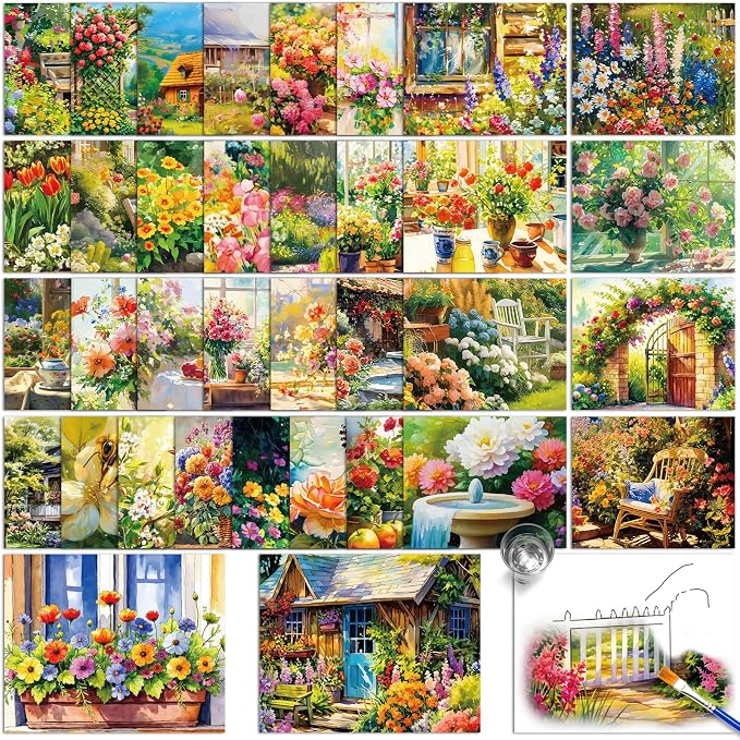 36Pcs Dementia Activities for Seniors,Reusable Water Coloring Set for Dementia Memories Activities, Adults Seniors Toys Games with Painting Brush Drawing Gifts (Garden)