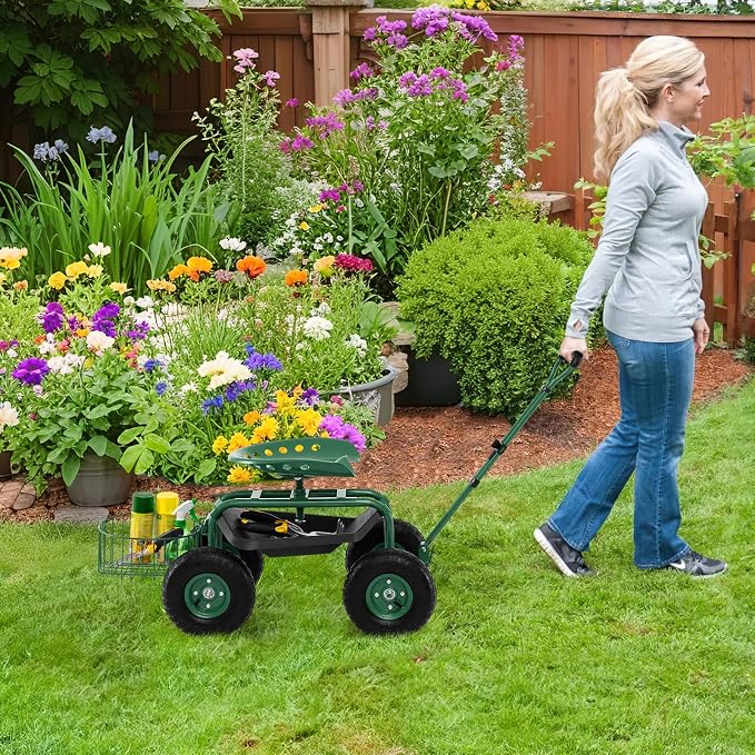 Garden Seat with Wheels, Rolling Stool with Extendable Handle, Storage Basket & Tool Tray, Garden Scooter with 360 Degree Swivel Seat for Outdoor & Yard (Green)