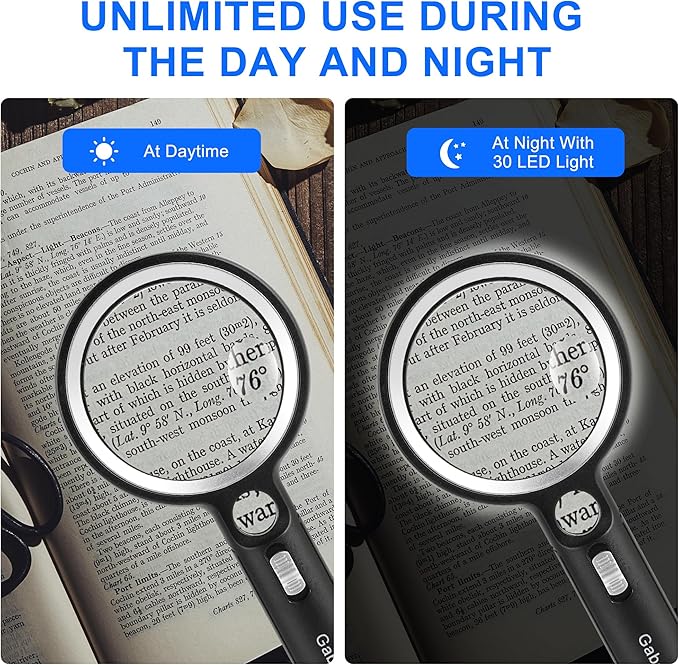 Magnifying Glass with 30 LED Lights, 10X 20X 45X Handheld Illuminated Lighted Magnifier with 1UV Light for Seniors Reading, Inspection, Coins, Jewelry, Exploring Light Magnifying Glass