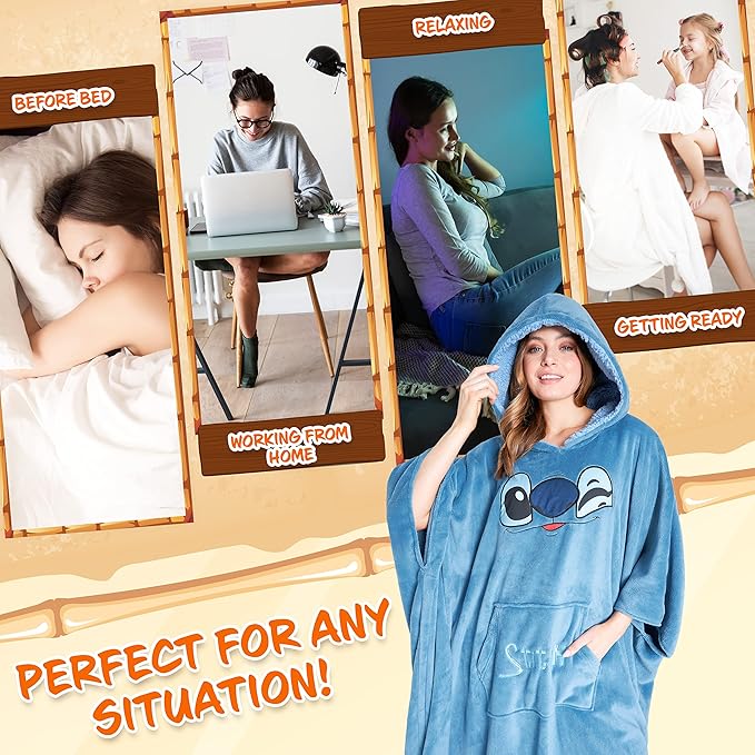 Disney Stitch Blanket Hoodie for Women Teens, Wearable Oversized Fleece Hooded Poncho with Pocket, Cozy Gifts for Women