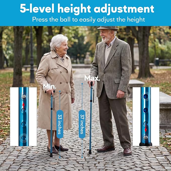 Foldable Walking Cane for Men & Women, Lightweight Aluminum Adjustable Cane with Ergonomic Handle, Non-Slip Rubber Base, Walking Sticks for Seniors Balance,Collapsible Cane for Assistance Travel