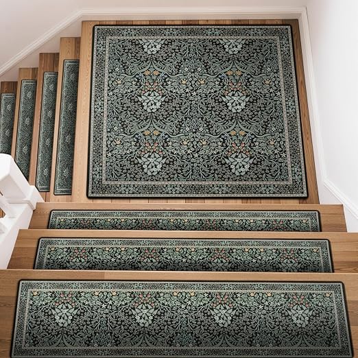 OJIA Floral Stair Treads Landing Mat Non-Slip Stair Runner for Wooden Steps | 31"x31" Indoor Carpet Stair Treads Maching Rug Staircase Step Treads for Kids, Elders and Dogs, Stair Covers, Black