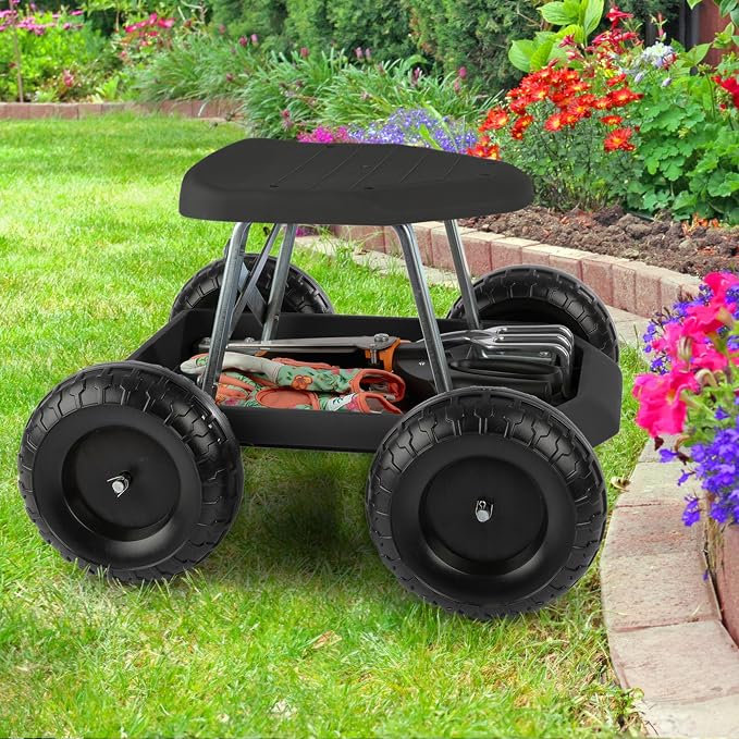 Pure Garden Rolling Garden Seat with Wheels, Black