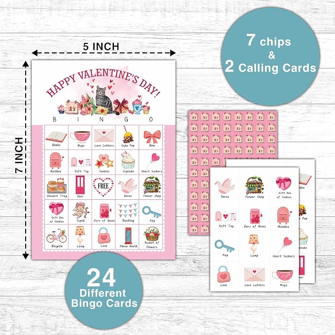 Happy Valentine's Day Bingo Games - Valentines Bingo Card - 24 Players Bingo Game Set for Adult Family Friends - School Classroom Indoor Outdoor Activities - Valentine Party Favors Supplies -C01