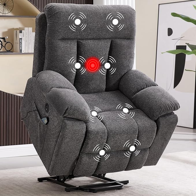 Large Power Lift Recliner Chair with Massage and Heat for Elderly Big and Tall People, Overstuffed Wide Recliners with 2 Cup Holders, Side Pocket and USB Port, Dark Grey