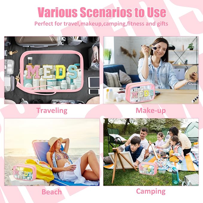 BuyCard 2 Pcs Medicine Chenille Letter Bag Preppy Clear Makeup Meds Pouch for Travel Nylon & PVC Transparent Cosmetic Bag Preppy Patch Toiletry Storage for Women Girls Pink