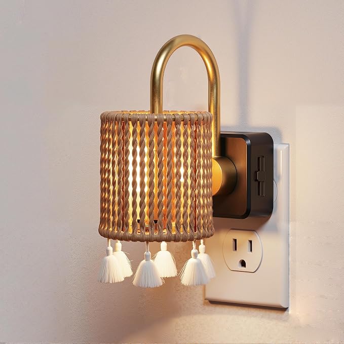 L LOHAS LED Night Lights Plug into Wall, Boho Fabric Cylinder Night Light | Decor Nightlight with Tassel,Dusk to Dawn Sensor,0-100LM Dimmable Vintage Night Lights for Bedroom,Living Room,Hallway